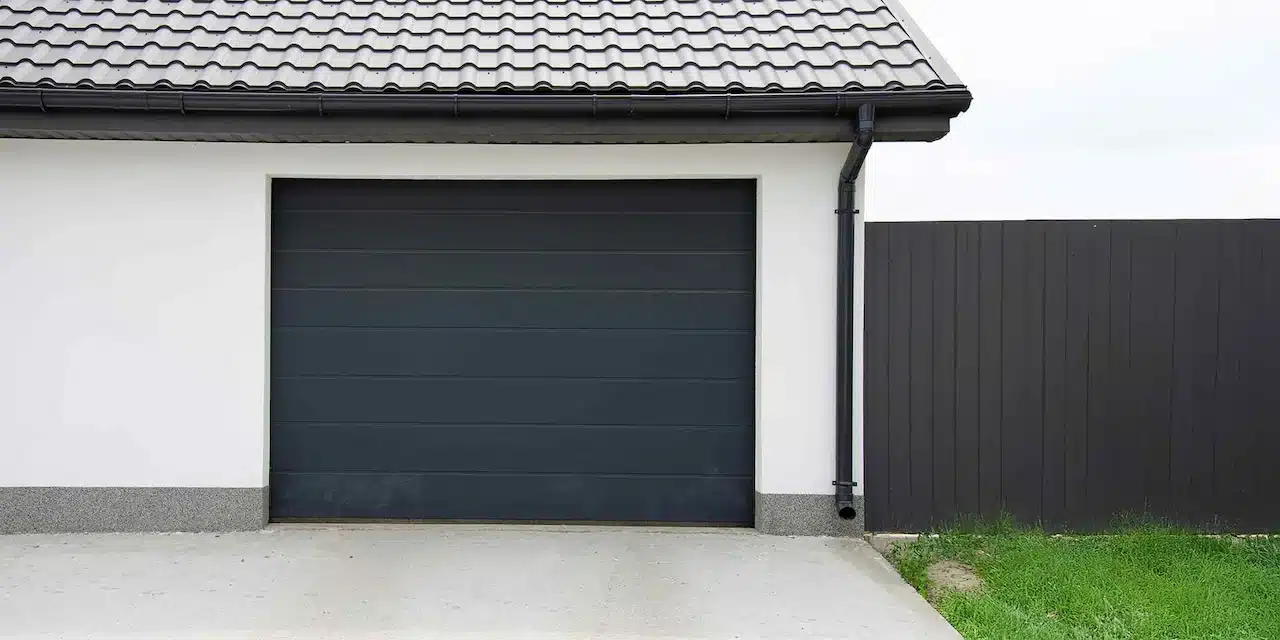 Modern residential garage door on a house exterior, showing a clean and well-maintained design.