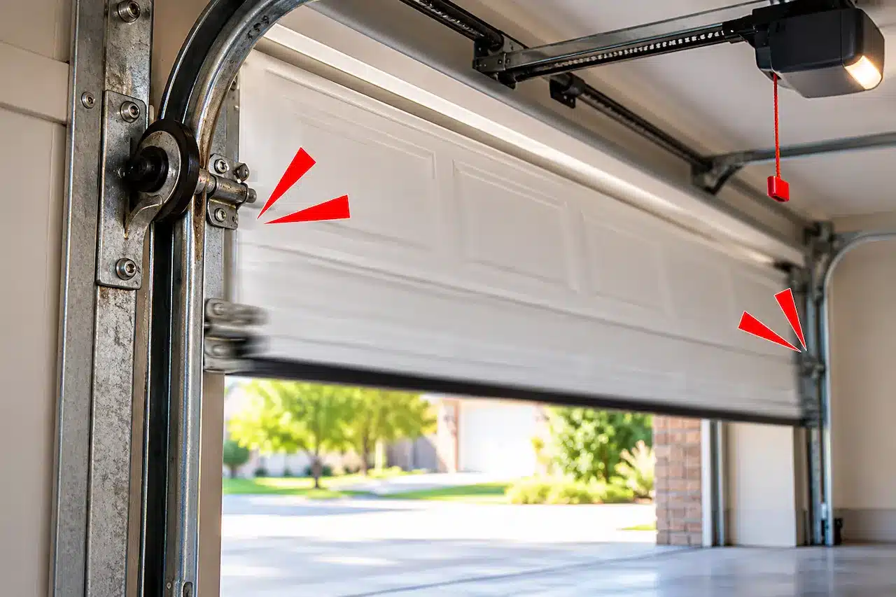 "Jerking residential garage door with worn rollers and track issues, featuring Benjamin Garage Doors repair services in Saint Paul, MN."