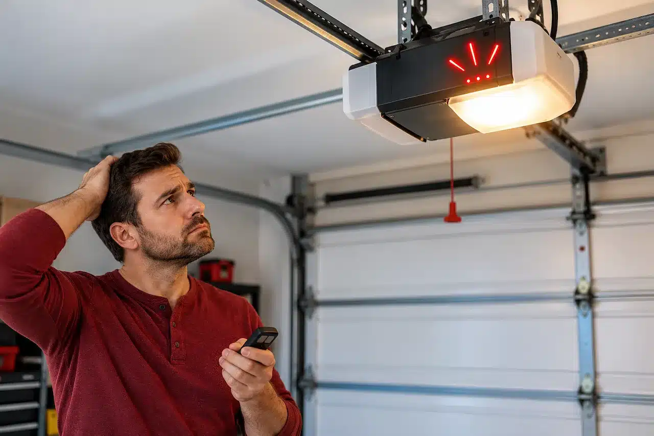 Homeowner holding a remote and looking at a flashing garage door opener light while the garage door won't move.